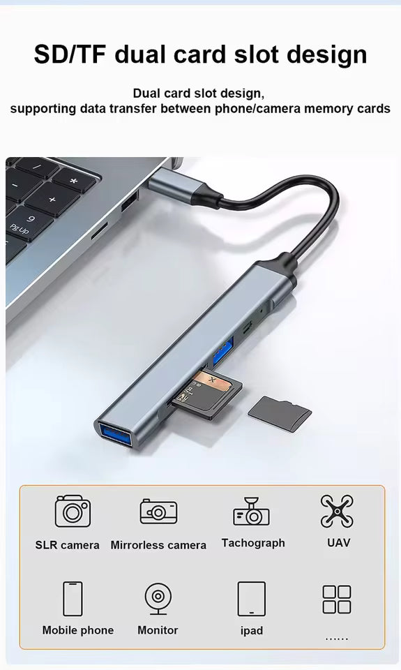 5-in-1 USB to Type-C Converter Hub with OTG & SD Card Reader (Grey)