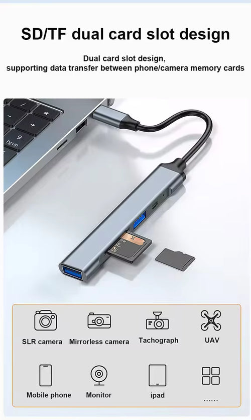 5-in-1 USB to Type-C Converter Hub with OTG & SD Card Reader (Grey)