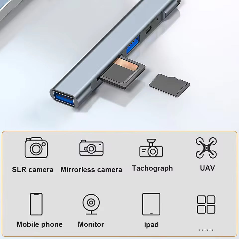 5-in-1 Type-C Hub Multi-Port Adapter with OTG & SD Card Reader (Grey)
